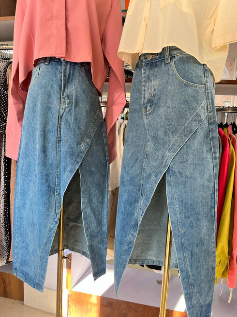Summer Sexy Side Slit Mid Length High Waist Denim Skirts